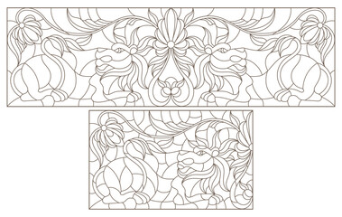 A set of contour illustrations in the style of stained glass with abstract lions and flowers, dark contours on a white background