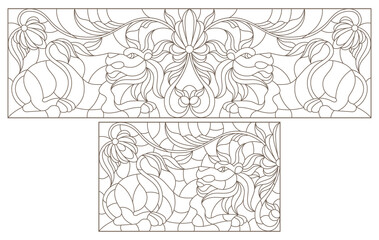 Obraz premium A set of contour illustrations in the style of stained glass with abstract lions and flowers, dark contours on a white background