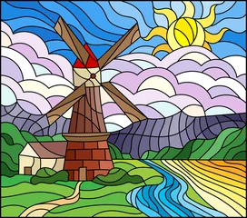 Foto auf Glas An illustration in the style of a stained glass window with a landscape, a mill against a background of meadows, mountains and a sunny sky © Zagory