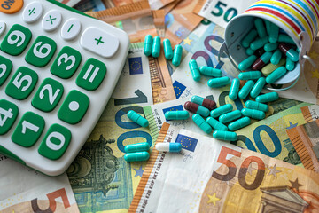  Euro banknotes money with calculator and capsule