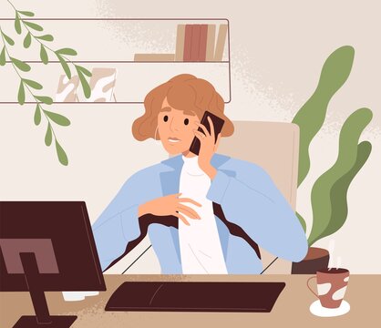 Woman work at office desk. Business person at computer at workplace. Employee speaking on mobile phone at table. Secretary talking on smartphone, sitting at desktop PC. Flat vector illustration