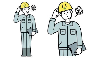 頭を指でかいて悩んでいる作業服を着た工事現場の男性の全身イラスト素材。
