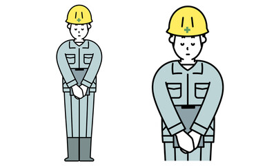 ぺこりとお辞儀をする作業服を着た工事現場の男性の全身イラスト素材。
