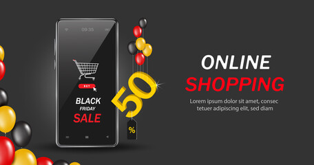 The text 50 with the % sign hangs on a balloon and floats in mid-air and all in front of the smartphone with an order confirmation icon and a shopping cart icon for online shopping black friday