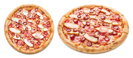 Delicious pizza with chicken fillet, bacon, ham sausages, mozzarella and tomato sauce, isolated on white background