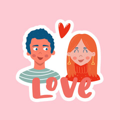 cute hand drawn cartoon couple decorated with heart and word 'LOVE' on pink background. Good for valentines day cards, posters, prints, stickers, invitations, tags, etc. EPS 10