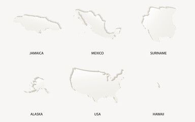 Editable America (Jamaica, Mexico, Suriname, Alaska, USA, Hawaii) map vector in paper cut emboss effect.