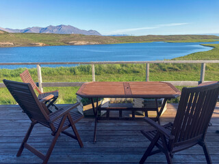 View from a house to the countryside and a lake in Iceland