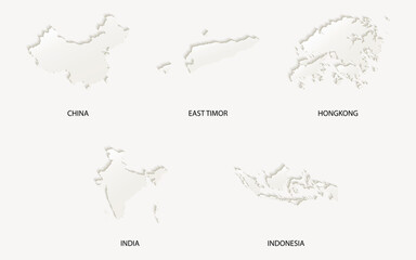 Editable Asia (China, East Timor, Hongkong, India, Indonesia) map vector in paper cut emboss effect.