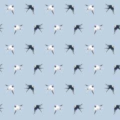Vector seamless geometrical ditsy pattern with swallow birds. Simple and elegant pattern on heaven blue background.