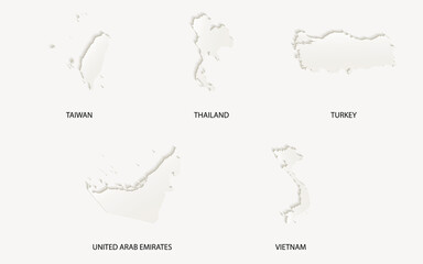 Editable Asia (Taiwan, Thailand, Turkey, United Arab Emirates, Vietnam) map vector in paper cut emboss effect.