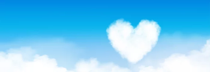 Deurstickers Blue sky with heart shape, altostratus cloud background,Vector Cartoon sky with cirrus cloud,Concept Valentines day and love for holiday season,Backdrop Wide Horizon banner morning in spring, summer © Anchalee