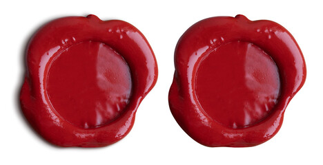 Old red wax seal or stamp isolated. Clipping path with no shadows is included.