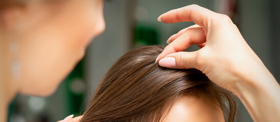 Fototapeta premium A hairdresser is making the hairstyle of a young brunette woman in a hair salon, close up