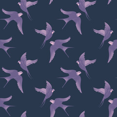 Vector seamless pattern with hand-draw birds. Pattern with swallows in purple colors. Simple and elegant pattern on navy blue background.