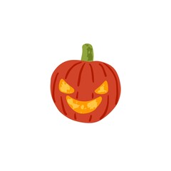 Pumpkin lantern with carved face and evil smile. Creepy Halloween Jack with light and flame. Scary squash head with eyes for October holiday. Flat vector illustration isolated on white background