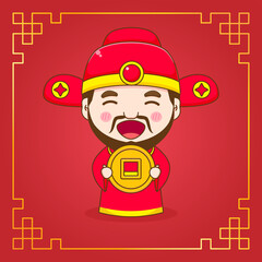 Cute God of wealth cartoon character. Chinese ornament frame