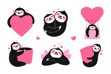 The set of sloths is hugging hearts and in love. The collection designs