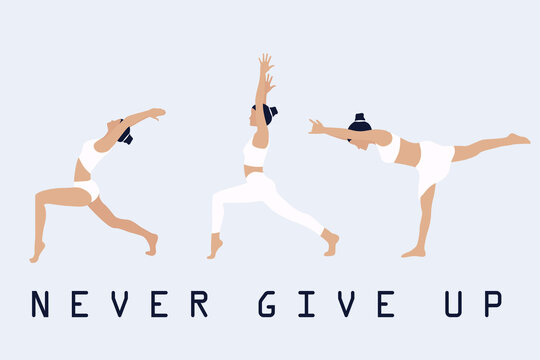 Three women demonstrate balance, breathing and stability. Yoga lovers. White is the main color. Vector illustration. Text.