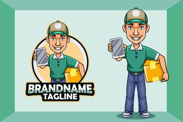 Delivery courier man holding package with phone