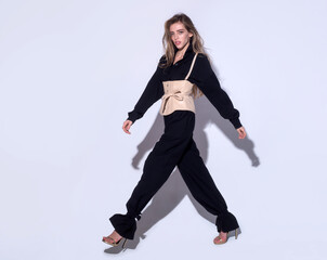 High fashion look. Fashion woman in vogue dress, fashion luxury modern style model. Pretty lovely girl wear fashion dress isolated background, full length.