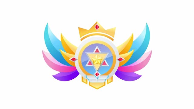 Medal with wing and crown. Game flat animated icon. Alpha Channel