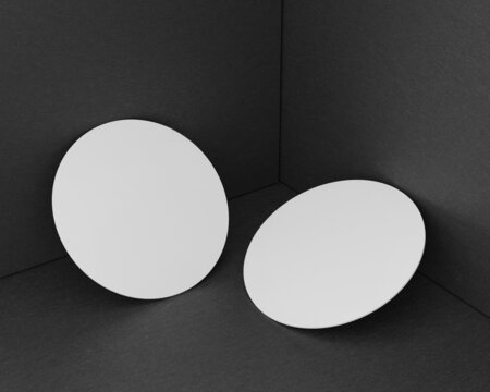 3D render, mockup of round business cards against the background of black paper, with auxiliary markup for easy placement of your design