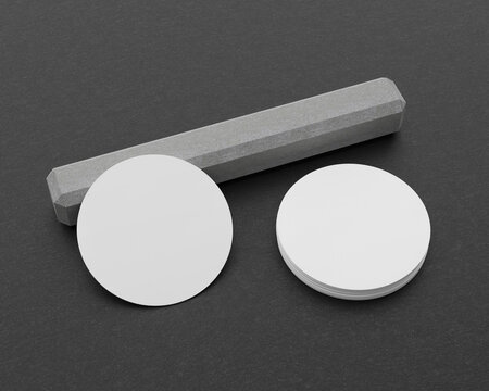 3D render, mockup of round business cards against the background of black paper, with auxiliary markup for easy placement of your design