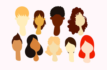 A set of people of different nationalities. International illustration. Set of faces with different hairstyles
