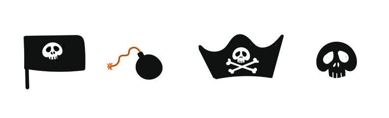 
Pirate accessories set: cocked hat, skull, flag, bomb, jolly roger