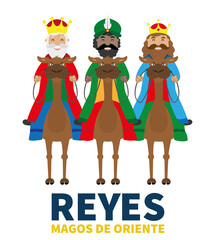 Three Wise Men from the East with Camels. Text in Spanish dear Three Wise Men