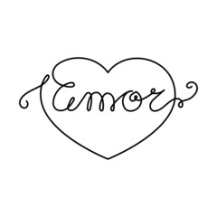 Continuous One Line heart and script cursive text amor (love in Spanish). Vector illustration for poster, card, banner valentine day, wedding, print on shirt.