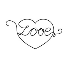 Continuous One Line heart and script cursive text love. Vector illustration for poster, card, banner valentine day, wedding, print on shirt.