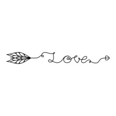 Continuous One Line lettering love in the form of an arrow. Vector illustration for poster, card, banner valentine day, wedding, print on shirt.