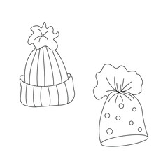 Interesting style of a winter hats. Vector outline illustration. Suitable for use as a technical drawing, for the fshn industry, on sites, in the form of icons, for children's books and coloring pages