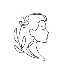 Beautiful girl with leaves logo. Female beauty emblem line drawing. Vector illustration