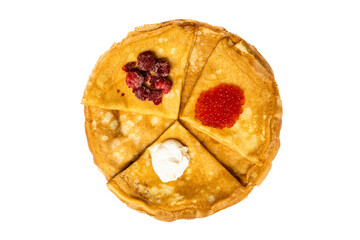 pancakes on a white plate with different tastes, honey, sour cream, caviar, raspberries