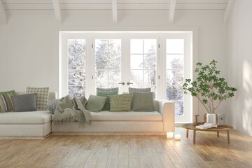 White living room with sofa and winter landscape in window. Scandinavian interior design. 3D illustration