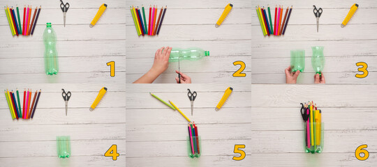 reuse plastic bottle instructions step by step. Do it yourself at home. DIY zero waste. Photo instruction collage