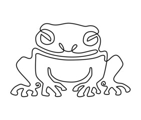 Sitting amphibian frog. Humorous image. Continuous line drawing illustration