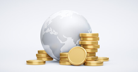 Global currency of business banking finance price or gold coin icon and investment golden foreign money exchange symbol isolated on white 3d financial stock background with economy dollar cash sign.