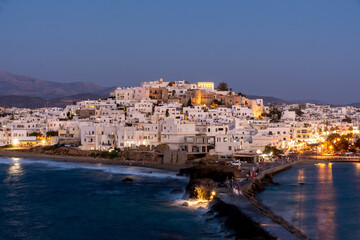 View of Naxos City during dusk, Naxos, Greece