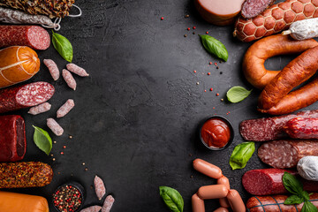 Obraz na płótnie Canvas Set of different types of sausages, salami and smoked meat with basil and spices on a black stone background. Top view.