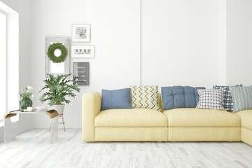 White living room with sofa. Scandinavian interior design. 3D illustration