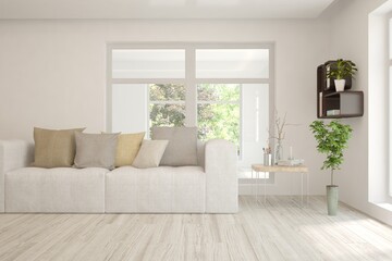 White living room with sofa and summer landscape in window. Scandinavian interior design. 3D illustration