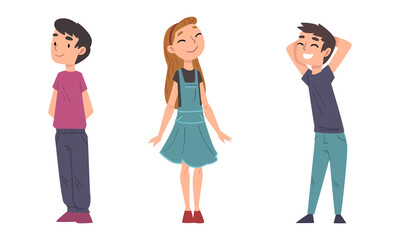 Happy Smiling Boy and Girl Character Standing with Hands Behind Vector Set