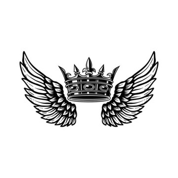 Illustration of king crown and wings in monochrome style. Design element for logo, emblem, sign, poster, t shirt. Vector illustration