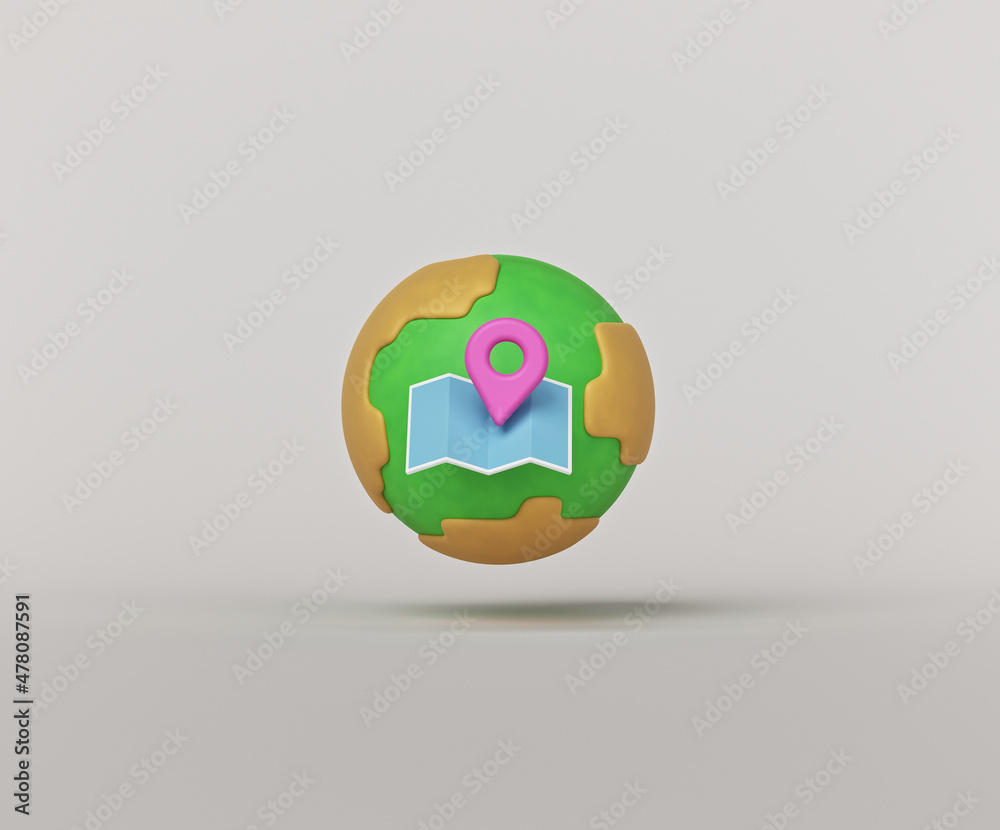 Poster planet earth globe and map location pin icon. minimal isolated design. 3d rendering