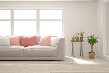 White living room with sofa. Scandinavian interior design. 3D illustration
