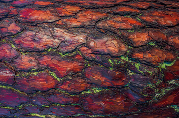 Red old tree rough bark. Trunk texture contrasts in sunny daylight.